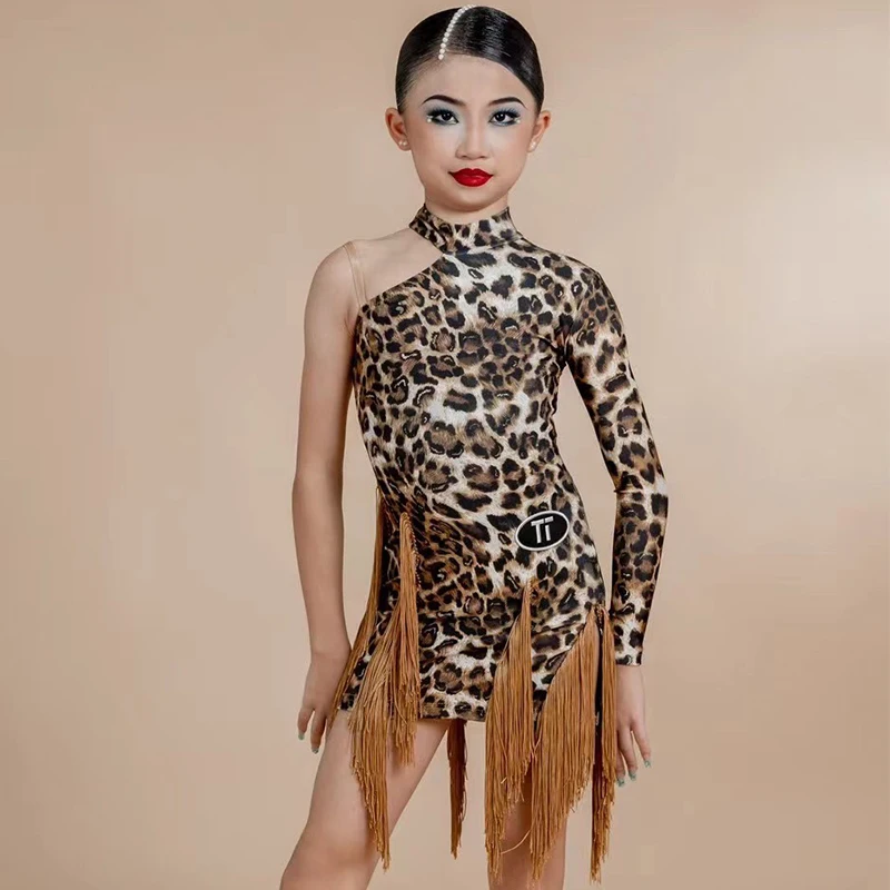 2023 Girls Latin Dance Dress One-Sleeve Frinde Dress Leopard Practice Clothing Cha Cha Rumba Ballroom Dance Costume DNV18894