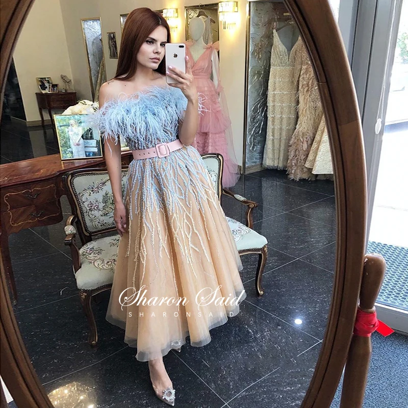 For Sale !! Sharon Said Elegant Arabic Women Midi Evening Dress Luxury Dubai Feather Wedding Formal Guest Dress SS406 No Return