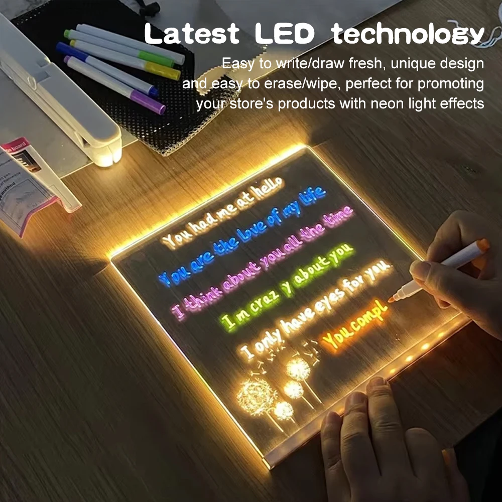 Transparent LED light up acrylic message board Erasable USB Children Drawing Board CIY for Birthday Gifts Bar Advertising Boards