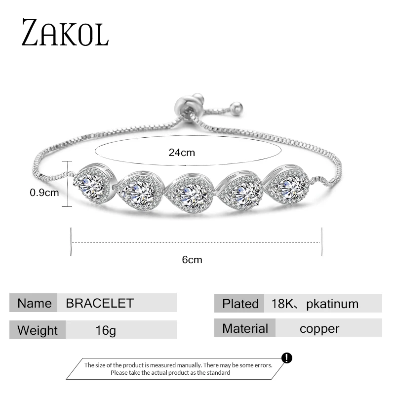 ZAKOL White Water Drop Adjustable Bracelets for Women Shinny Cubic Zirconia Bracelet Bangles Fashion Bridal Wedding Jewelry