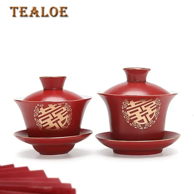 

Boutique Red Ceramics Gaiwan with Lid Master Cup Handmade Porcelain Tea Cup Household Tea Bowl Wedding Tea Set Accessories