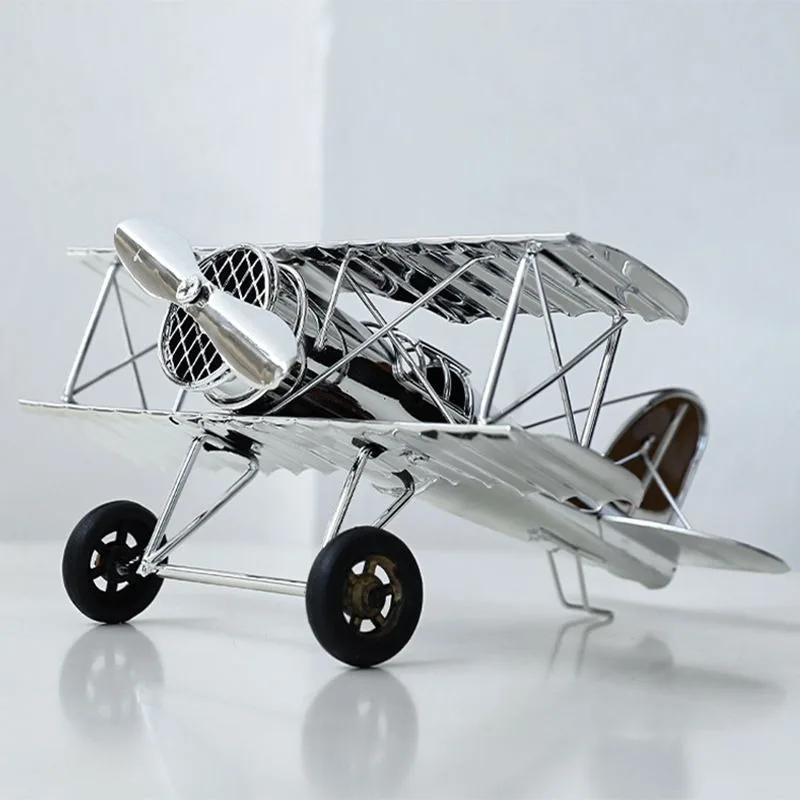 European Light Luxury Electroplated Silver Plane Model, Creative Metal Aircraft Ornament for Living Room Wine Cabinet Entryway