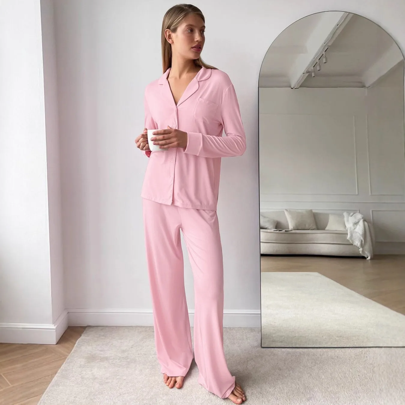 Women's Modal Long Sleeve Pajama Set with Turn Down Collar Breathable Stretch European Style Home Wear for Hotel Spa Wedding