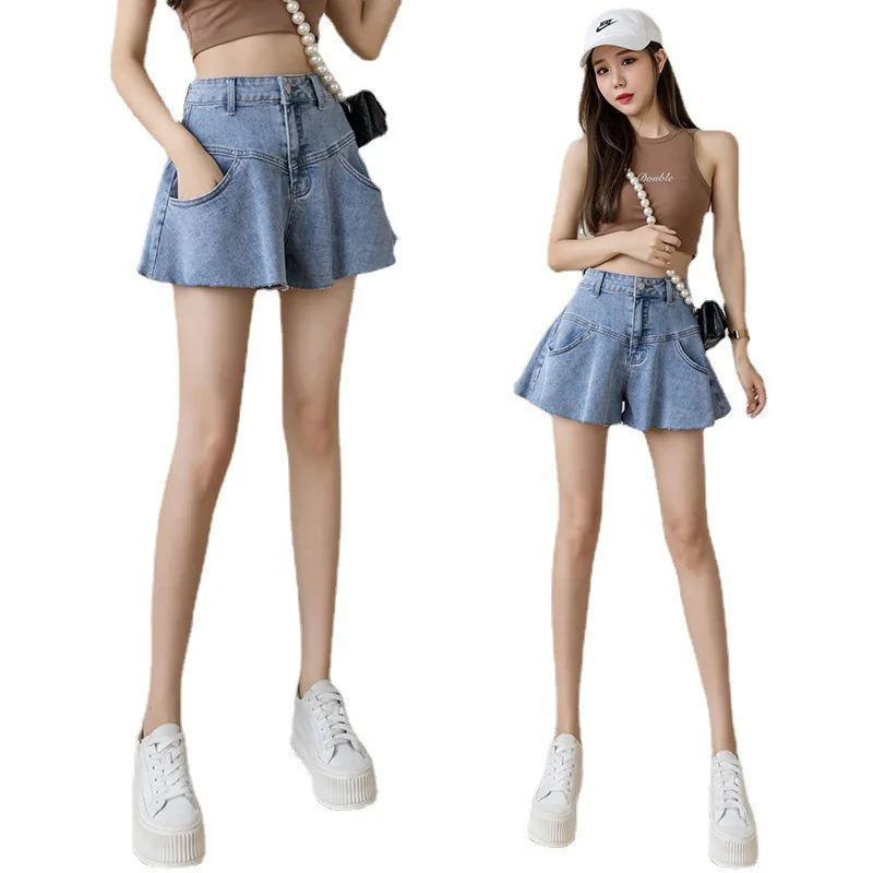 2022 Summer New All-Match Flared Hakama Wide-leg Ruffled Denim Shorts Hot Pants Umbrella Pants Women Large size 5XL