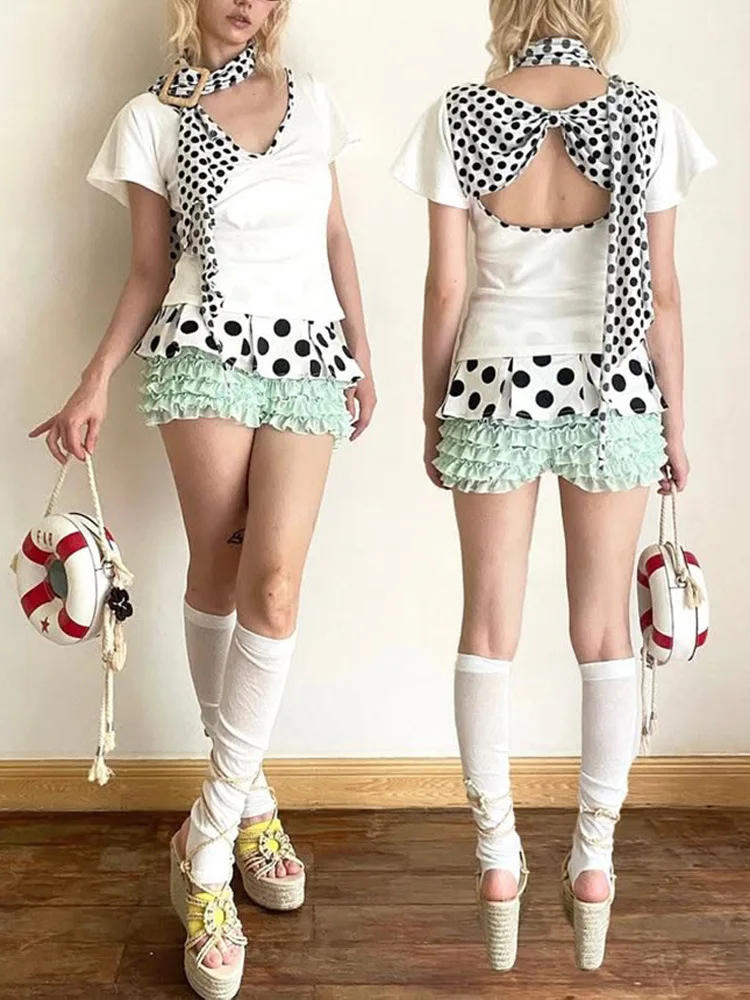 Y2k Millennium style Mint green polka dot print Kawaii Cutie pleated skirt
