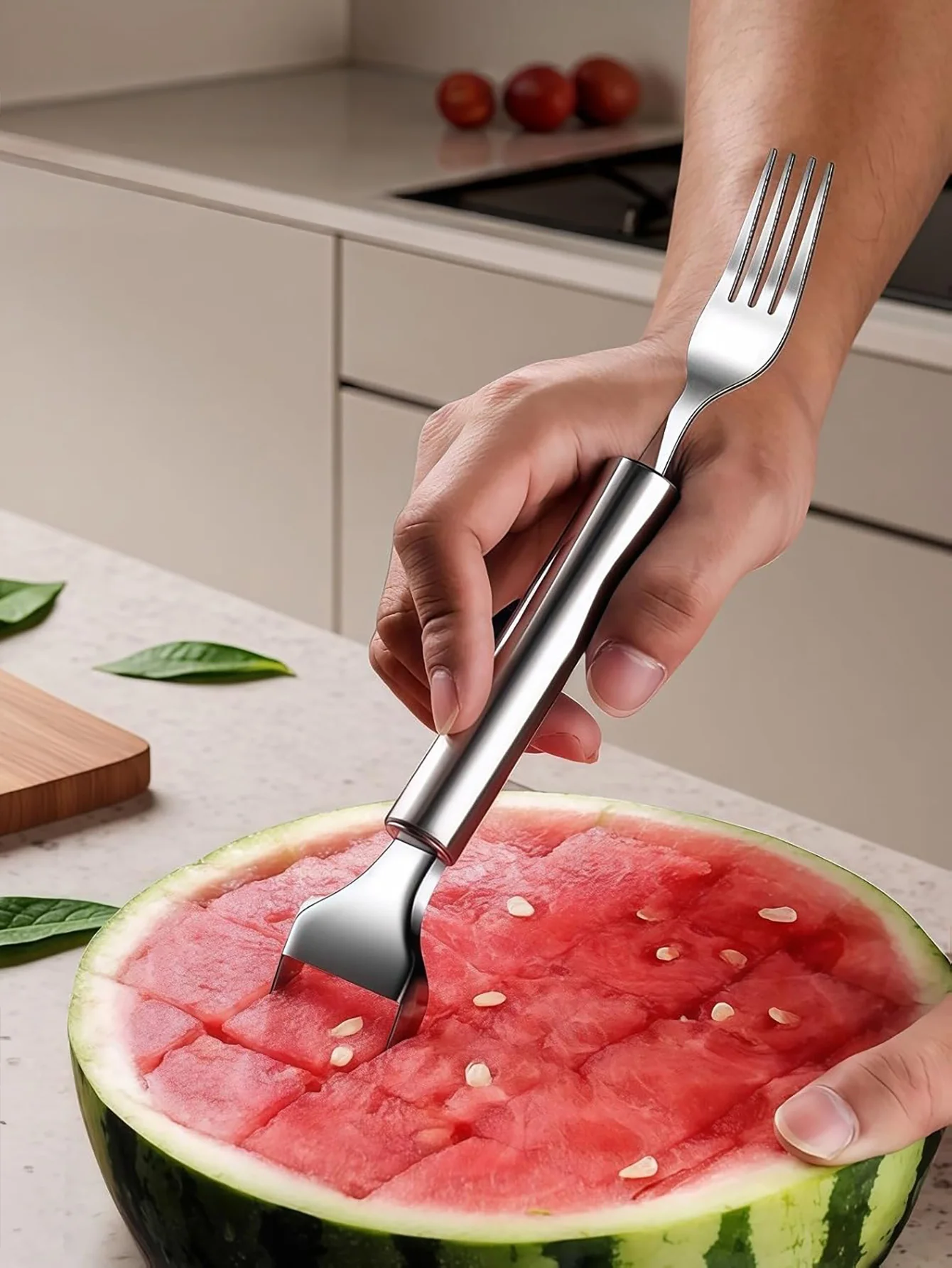2-in-1 Stainless Steel Watermelon Slicer & Fork , Kitchen & Camping Must-Have Tool for Fruit Salad, Parties, BBQ