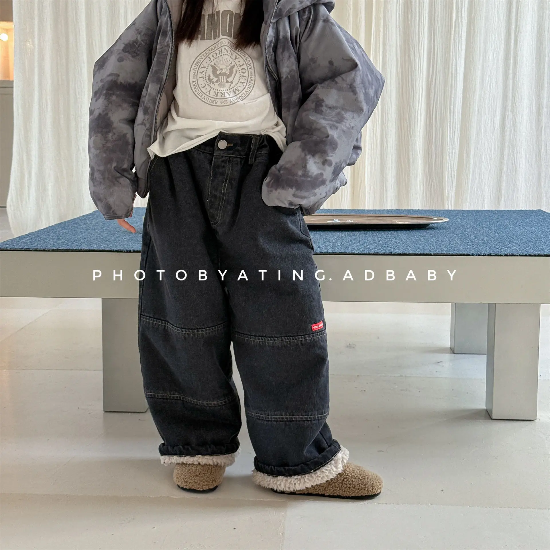 2026 Winter New Children Plus Velvet Thick Jeans Boys Girls Warm Fleece Denim Trousers Baby Casual Pants Fashion Kids Clothes