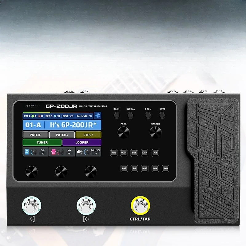 Electric guitar multi-effects unit, acoustic guitar, bass phrase, loop, drum machine, sound card
