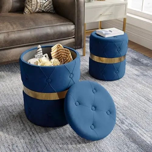 

Storage Ottoman Set Of 2, Versatile Footrest Stool With Stainl Steel Base, Modern Round Vanity Stool Chair Foot Stools, Support
