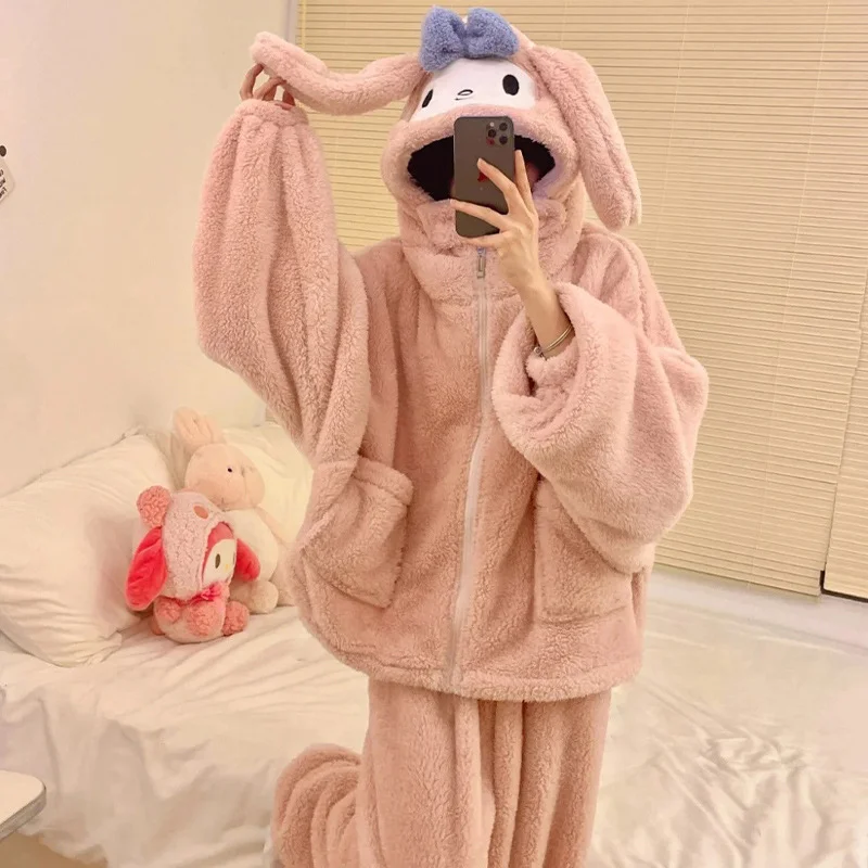 Sanrio Winter Hanton Ugly Fish Cute Funny Warm Pajamas Female Melody Cartoon Thickened Plush Long Sleeve Hooded Loungewear Set