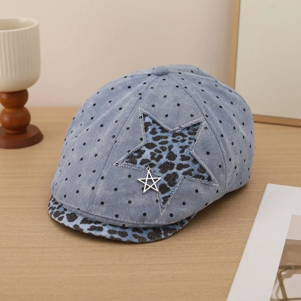 Unisex-Beret mit Stern- und Leopardenmuster, verstellbare Retro-Newsboy-Mütze, Y2K-Baseballkappe mit Polka-Dot-Muster, weiche Baseballmütze für die Arbeit – Detail 11