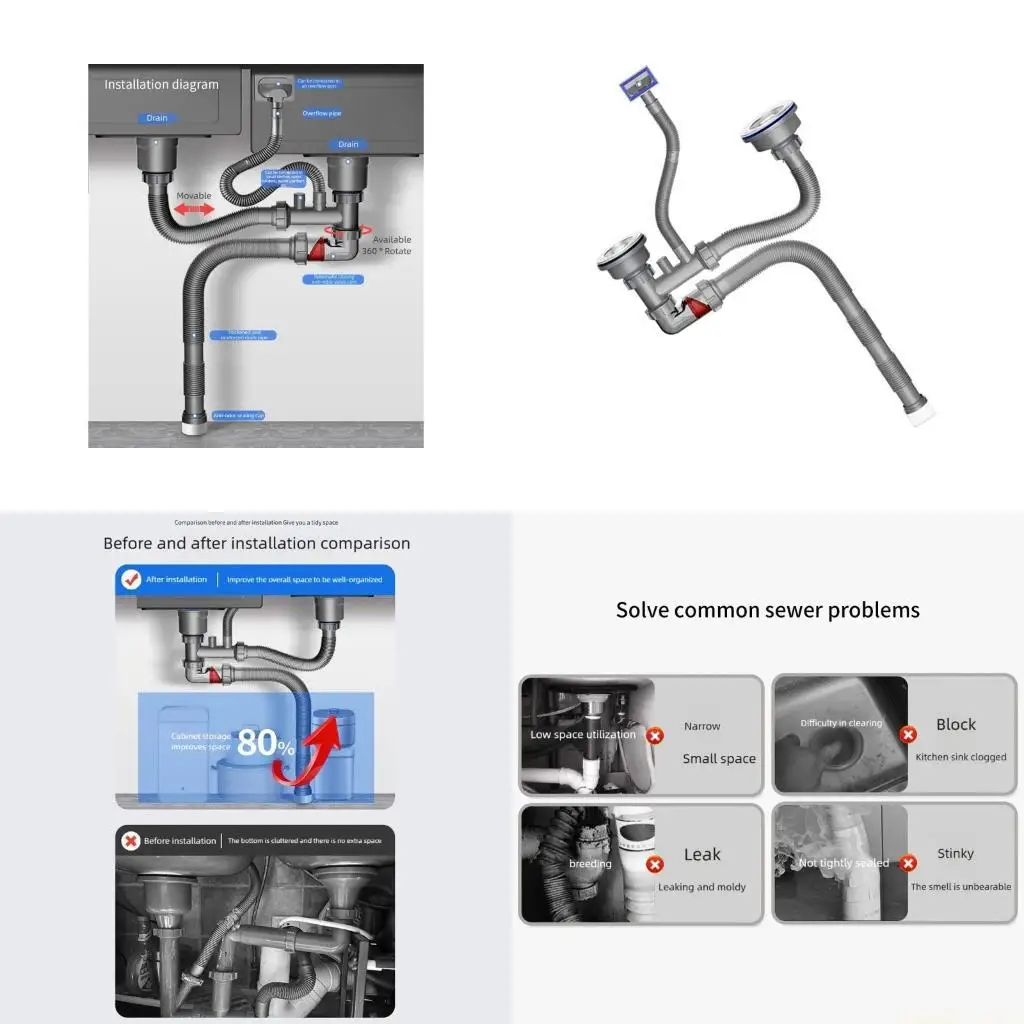 D0AB Modifiable Sink Effluent Set For Double Bowl 140 110mm Untarnished Rustproof Plan