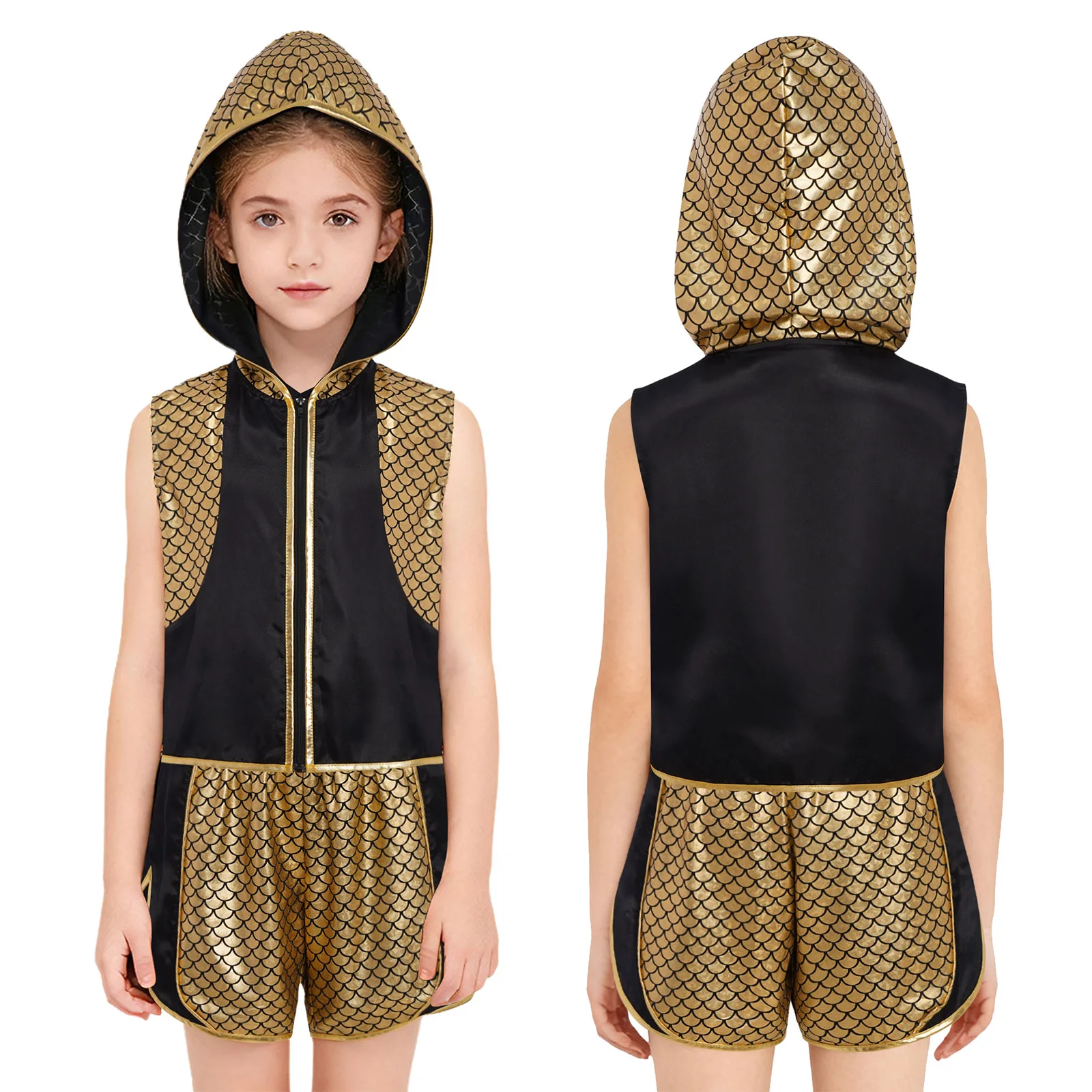 

Kids Boxing Training Outfit Boys Girls Breathable Fitness Sports Suit Fish Scale Sleeveless Zipper Hooded Vest+Boxer Shorts Set