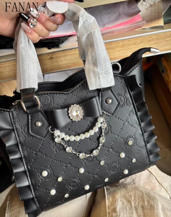 

Сумка-тоут в стиле Лолиты для девочек, новинка 2023 года, милая сумка с жемчугом и стразами, женские сумки на одно плечо с узлом-бабочкой