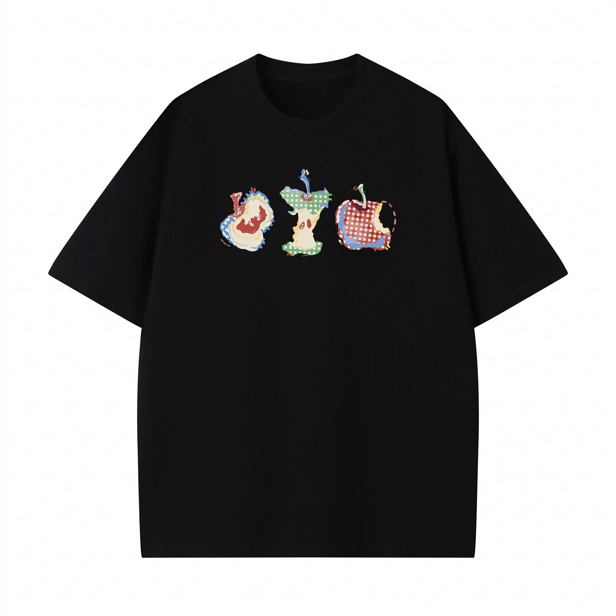 Color Plaid Apple Core Graphic T‑Shirt Unisex Short‑Sleeve Casual Top Hand Drawn Fruit Art Print for Fashion Lovers