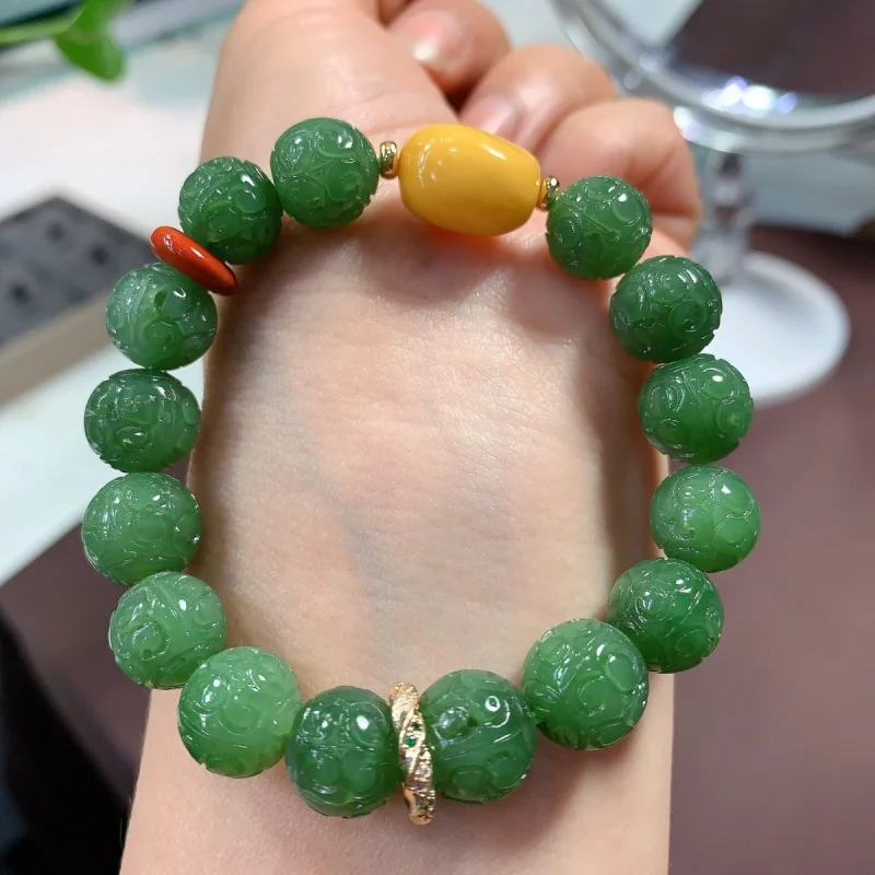 Natural Hetian Jade Russian Jasper Pattern Beads Lucky Bracelet Exquisite Amber Accessories