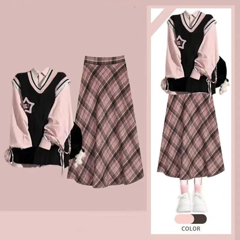 

Women's Spring Fall Preppy Style Bandage Shirts Knit Vest Plaid Skirts Set Lady Loose Tank Sweater Pink Blouse Skirt Outfits