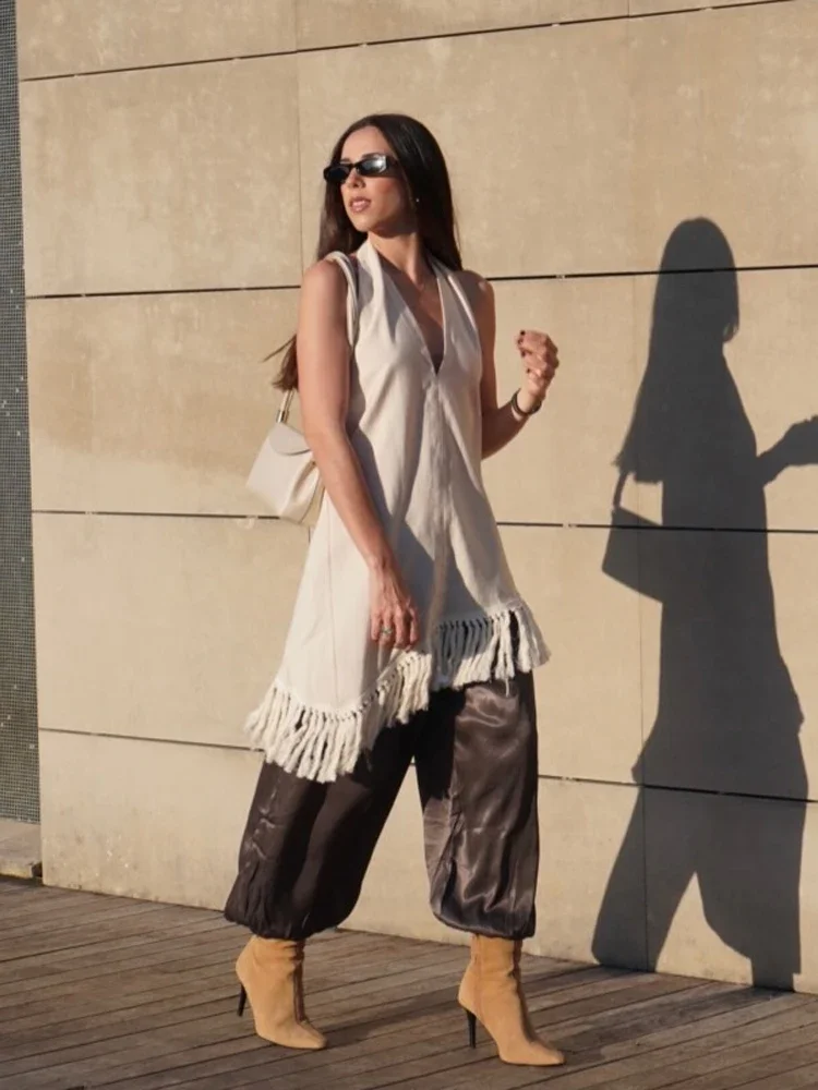

Halter Fringe V Neck Tops Wide Leg Pants Set Women Elegant Sleeveless Irregular Hemline Daily Wear 2026 Lady Stylish Office Suit