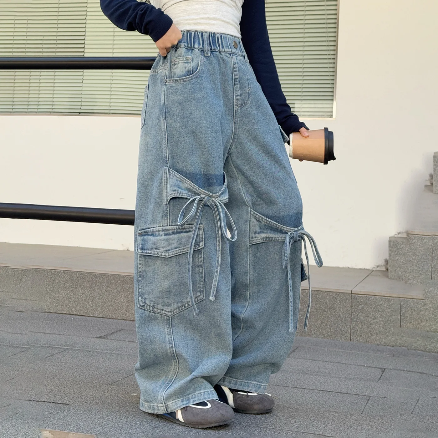 Girl Cargo jeans spring autumn teenagers children multi pocket bow wide leg pants kids trendy cool casual loose denim trousers
