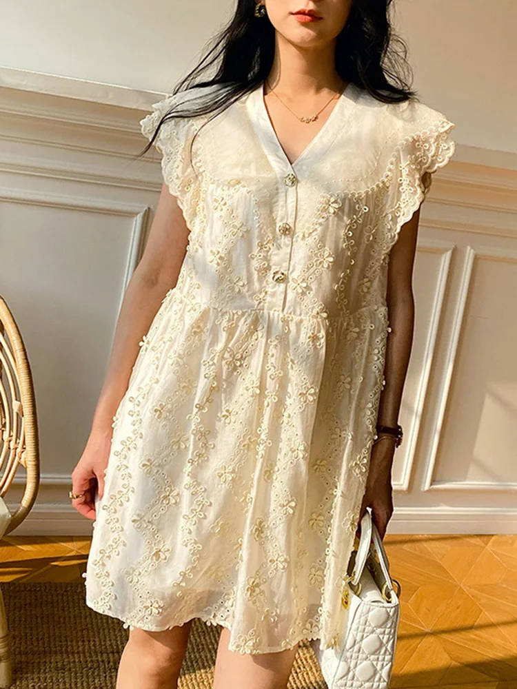 

GypsyLady Chic French Embroidery Mini Dress Stylish Beige Thin Loose Casual Holiday Women Dress Sheer Beach Ladies Dresses New