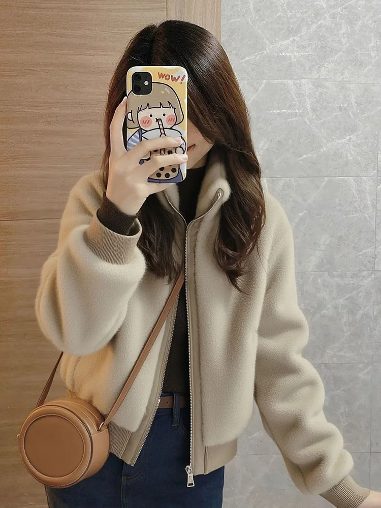 Korean Sweet Faux Lamb Coat Women Stand Collar Zipper Cute Jacket Winter Warm Long Sleeve Female Solid Ins Vintage Outwear New