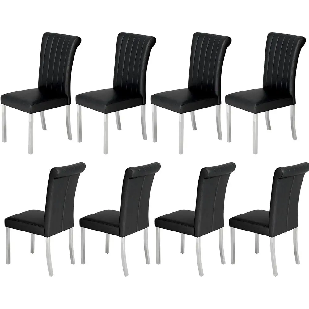

Set of 8 Black Leather High-Back Dining Chairs with Silver Stainless Steel Legs for Kitchen, Living Room, and Restaurant Use