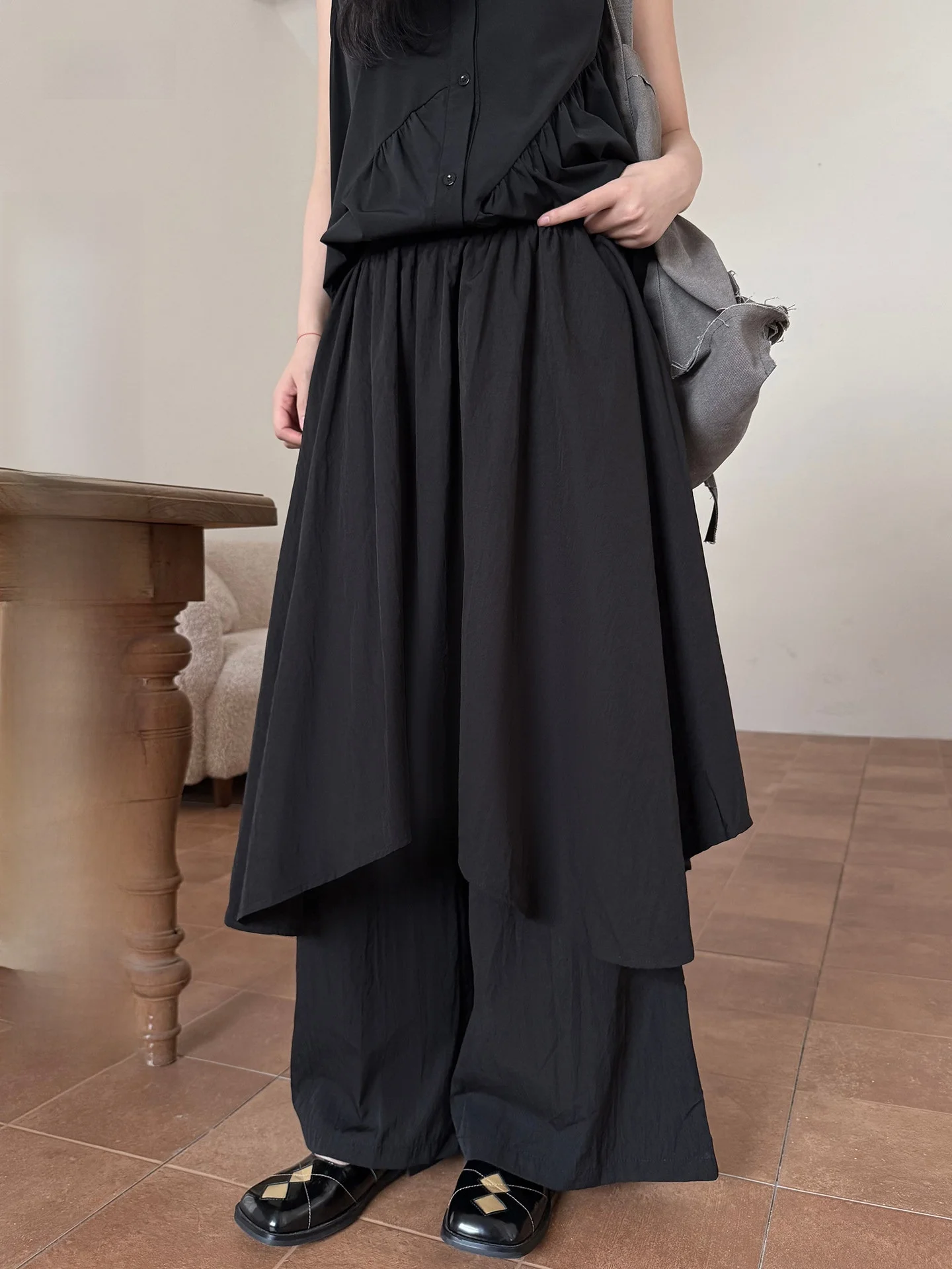 Dark Art Student Women's Wide Leg Pants Double Layer Black Summer Versatile Cotton Polyester Natural Waist Casual Trousers