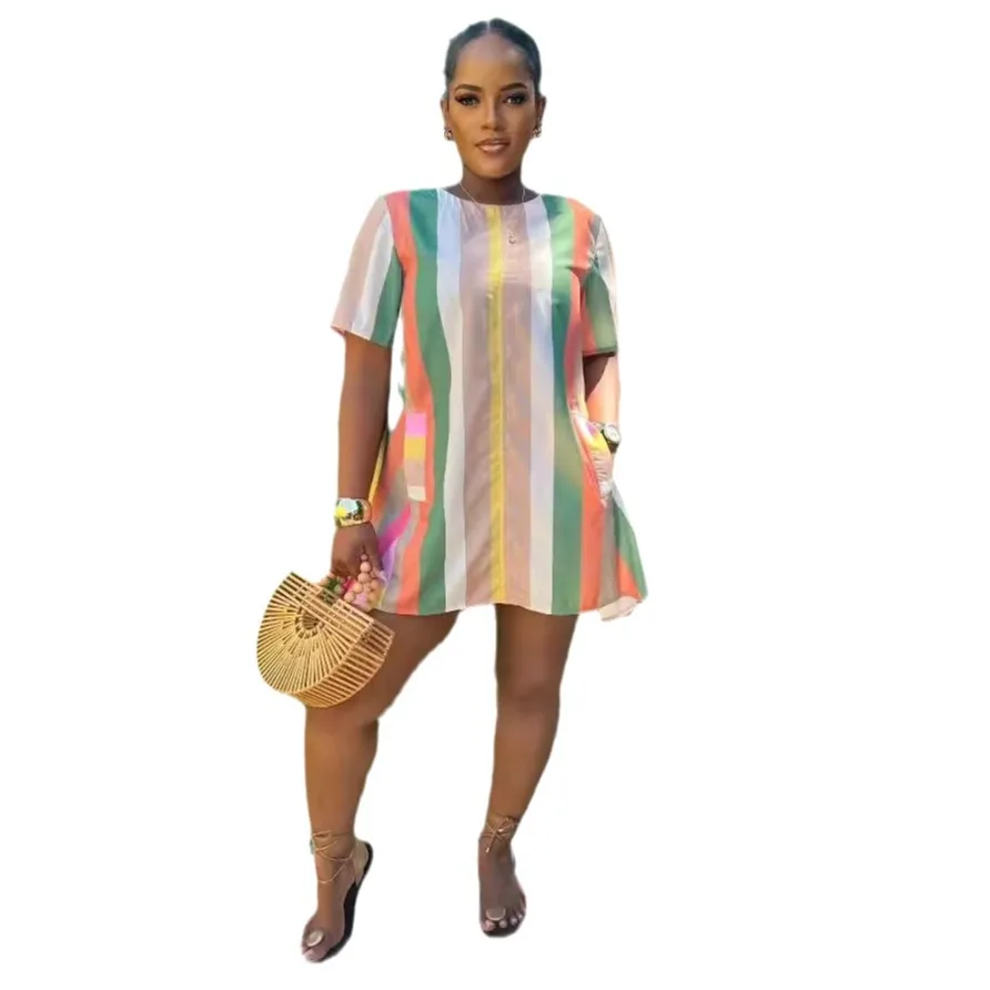 Dress Women Striped Print Short Sleeve Round Neck Mini Dresses Casual Spliced Regular Vestido Pockets Basics Summer 2025