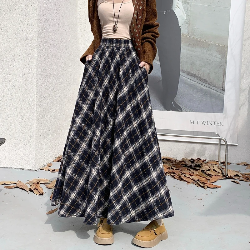 

Высококачественная шерстяная юбка-зонтик, женская ретро-трапеция, клетчатая длинная юбка, женская корейская модная верхняя одежда с высокой талией, новинка Faldas