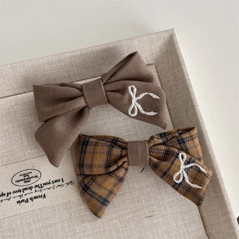 Milk coffee color plaid embroidered bow hairpin sweet and cute BB clip versatile texture side clip hair accessories