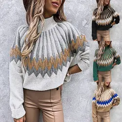 Women's S-3XL size Autumn and winter new women's printed high necked long sleeved loose casual knitted sweater sweater