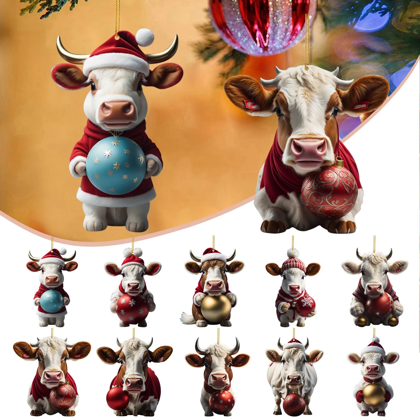 Desenhos animados vaca ornamento para árvore de Natal decoração, Fun carro pendurado pingente, Xmas Home decoração, decoração de festa de ano novo