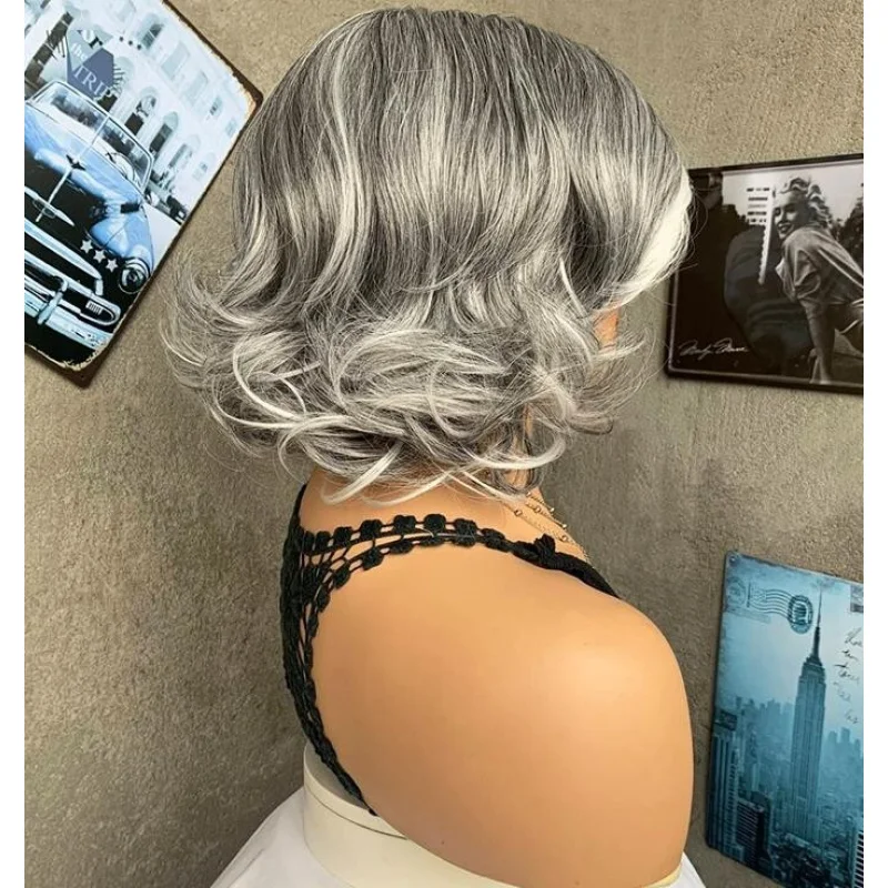 's Wig Short Silver Grey mix Shoulder Length Women Full Hair Wigs