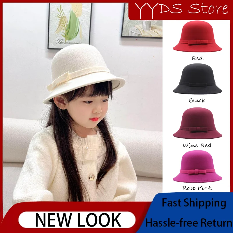 

Parent-Kid Winter Hepburn Style Wool Felt Bucket Hat - Luxury British French Party Cap for Girls