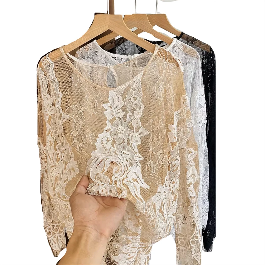 

2025 Women Long Sleeve Lace Blouse Elegant Lady Mesh Blousas Hollow Out Shirt Girl Pullovers Basic Tops Fairy Bottomings WZ2458