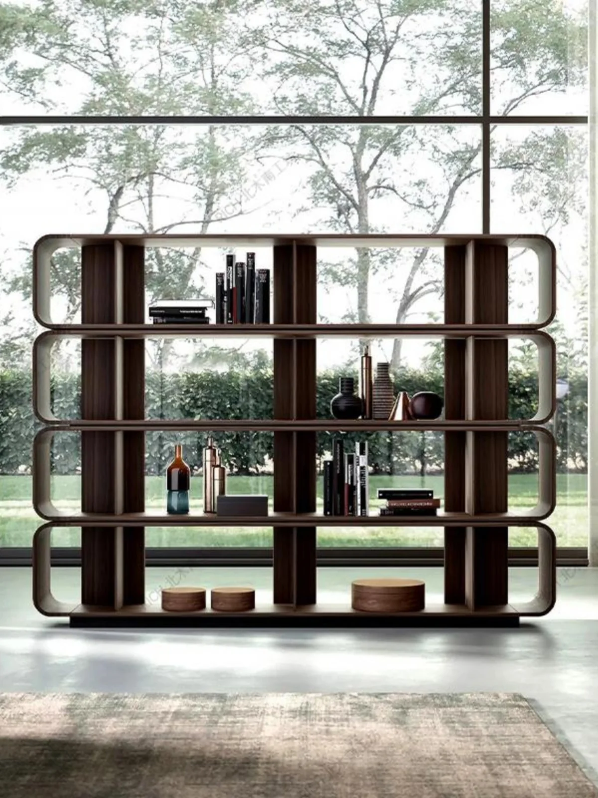 Walnut Nordic display rack, living room partition cabinet, floor-to-ceiling double-sided bookshelf