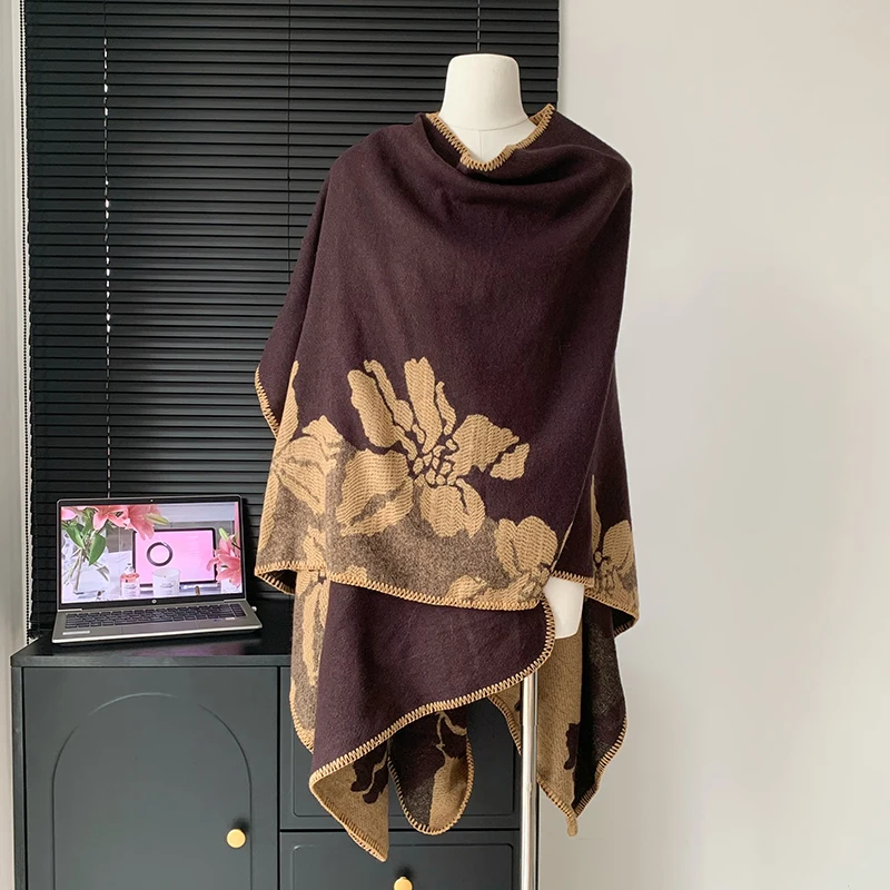 Vintage Knitted Cape Shawl Dual-purpose Women Outerwear 2026 New Scarf Autumn Spring Embroidered Floral Fashion Elegant Outfits