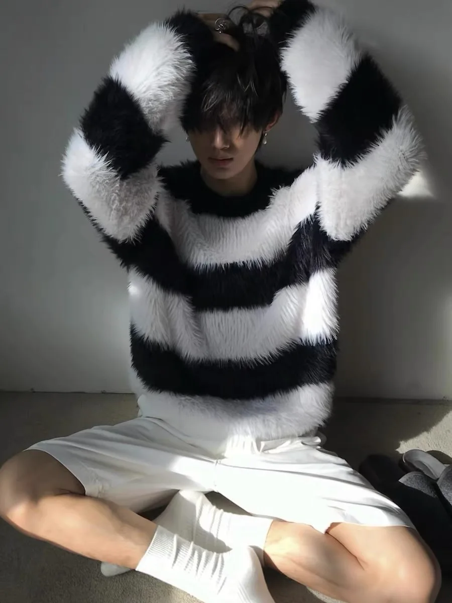 Maglione lavorato a maglia a righe chic da uomo sciolto comodo pisolino in pelliccia finta inverno casual rotondo Ne Long Sve Faionable maglione