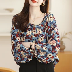 Women Spring Elegant Lady Loose Floral O-neck Long Sleeve Shirts Women Clothes Casual All-match Appear Thin Office Lady Tops