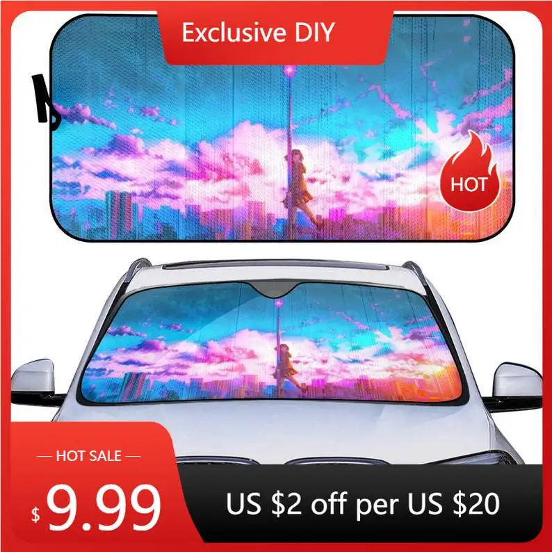 

Anime City Car Sunshade, Neon Pink Sunset Windshield Cover, Kawaii Auto Sun Shade for Front Window, Folding Sun Visor Protector,