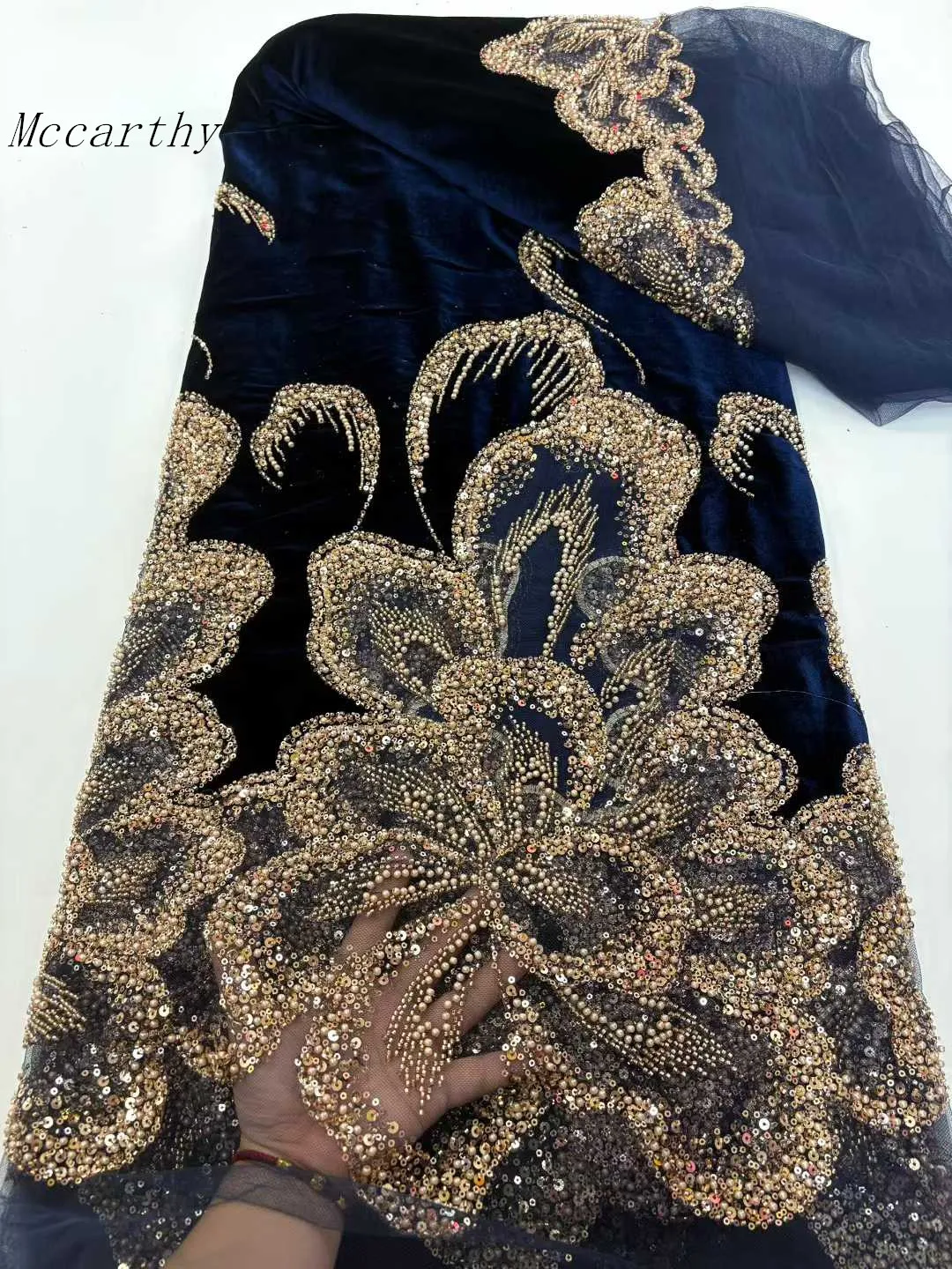 

2025 high quality velvet lace fabric heavy sequins 5 Yards nigerian lace fabric luxury Beads african wedding dress for women Sew