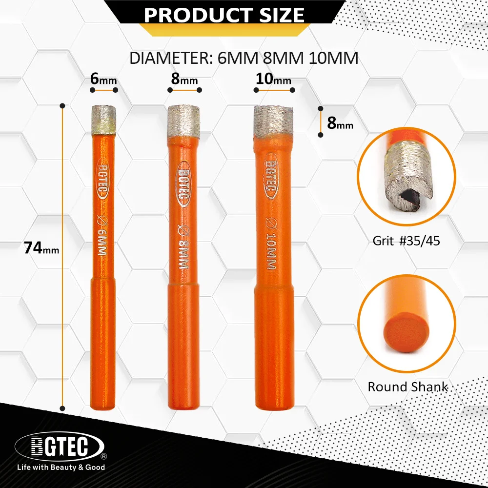 

BGTEC 10pcs/set Diamond Welded Drill Core Bits 6-10mm Round Shank Marble Granite Stone Tile Metal Wet Drilling Tools Hole Saw