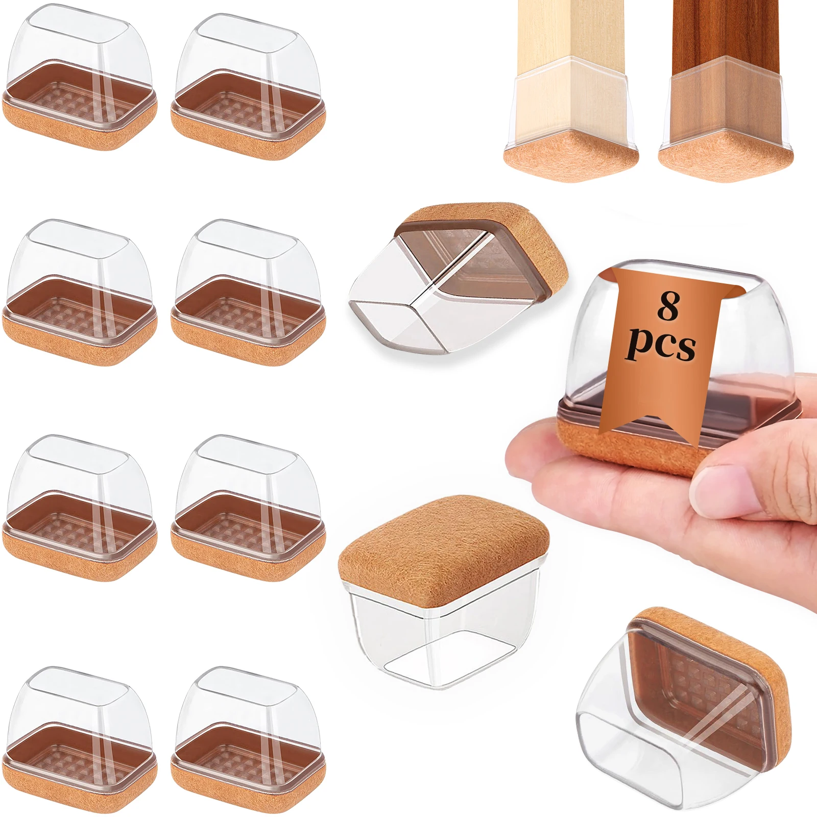 8PCS Rectangle Chair Leg Floor Caps Protectors Silicone with Felt Foot End Caps Covers width 22-32mm for Chair Table No Noise