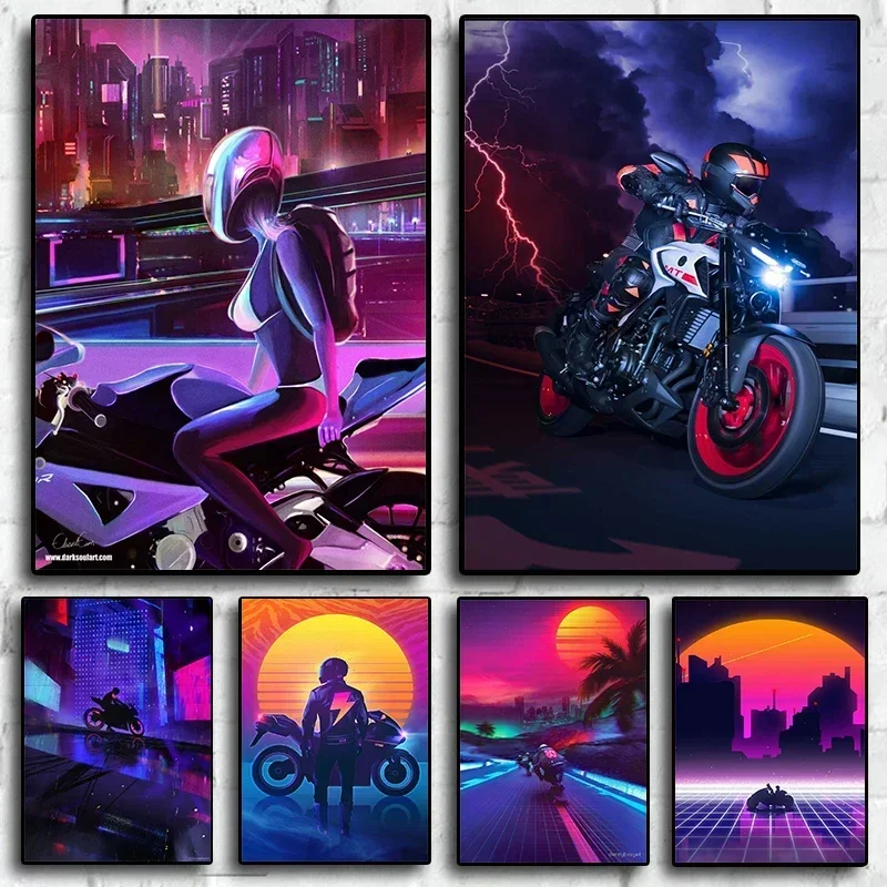 80s Neon Motorcycle Rider Poster Anime Girl Motorcycle Aesthetic Canvas Painting Poster Wall Art Picture Room Decoration