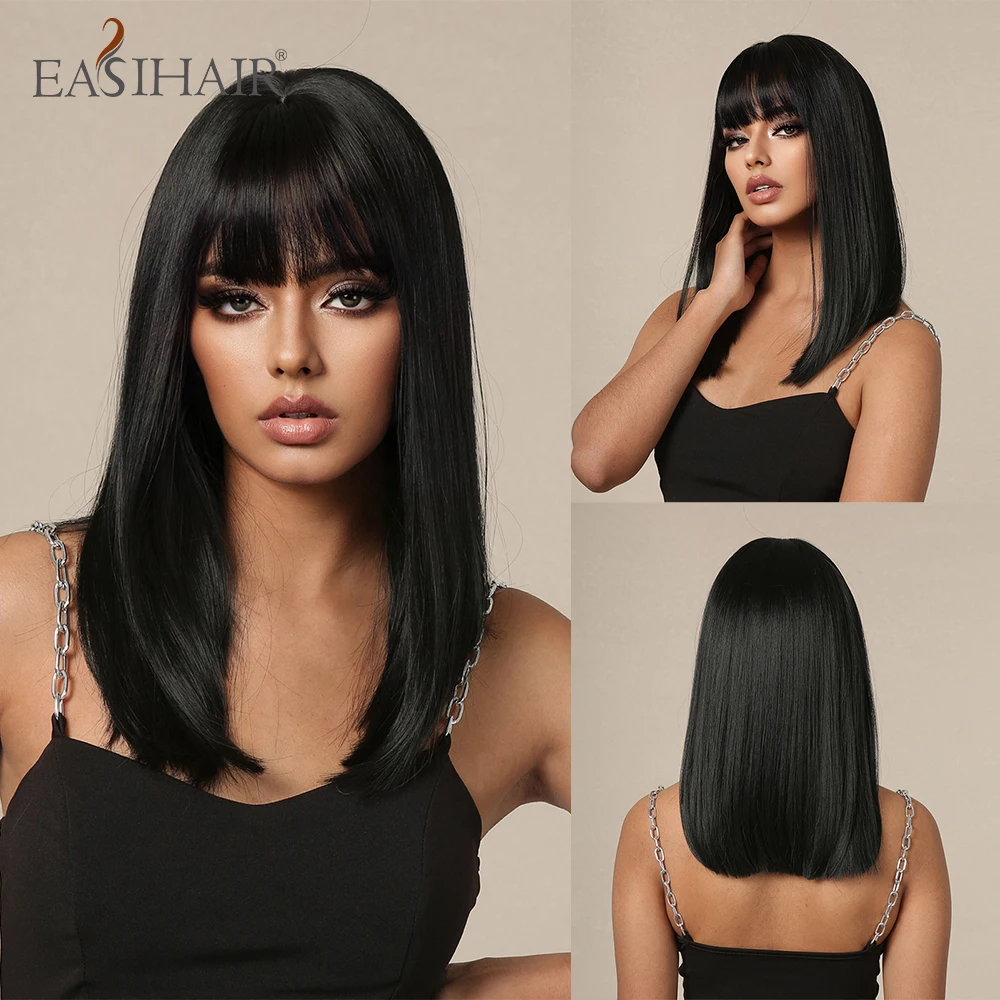 EASIHAIR Black Short Straight Bob Hair Wigs Middle length Synthetic Wig with Bangs for Women Daily Cosplay Hair Heat Resistant