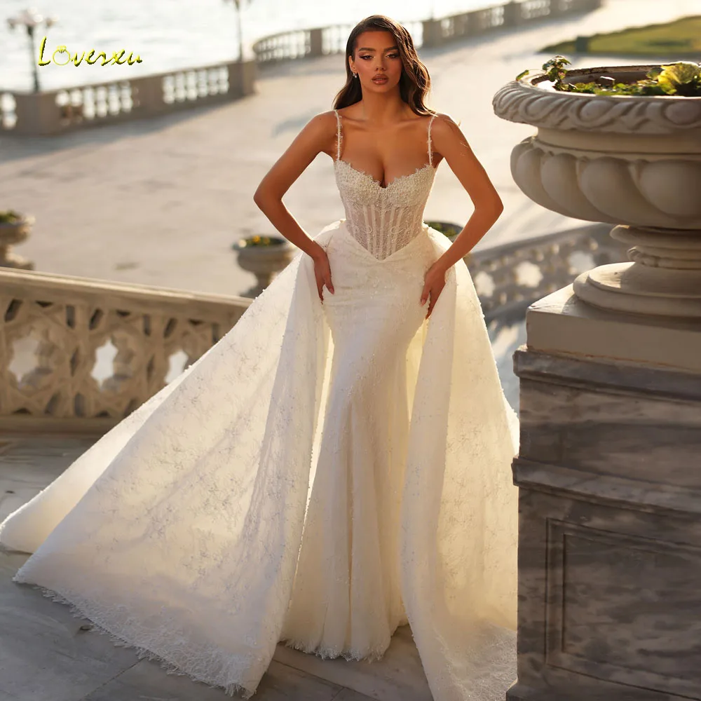 

Loverxu Mermaid Sexy Wedding Dresses Spaghetti Straps Vestido De Novia Lace Beaded Detachable Train Custom Made Bridal Gowns