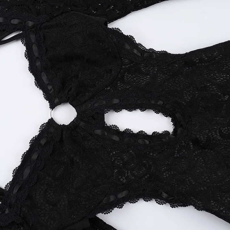 الدانتيل الرسن قطع التدريجي المرأة بذلة الثور القرن كم حلقة معدنية الملابس السوداء عارية الذراعين مكشوف الخصر الملابس الأحدث في الأوراق المالية #4