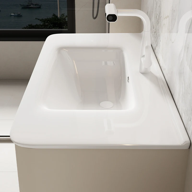 Bathroom CabinetModern Water Resistant Wall-Mounted Bathroom Vanity Cabinet Integrated Ceramic Basin Mirror Easy Clean Storage F