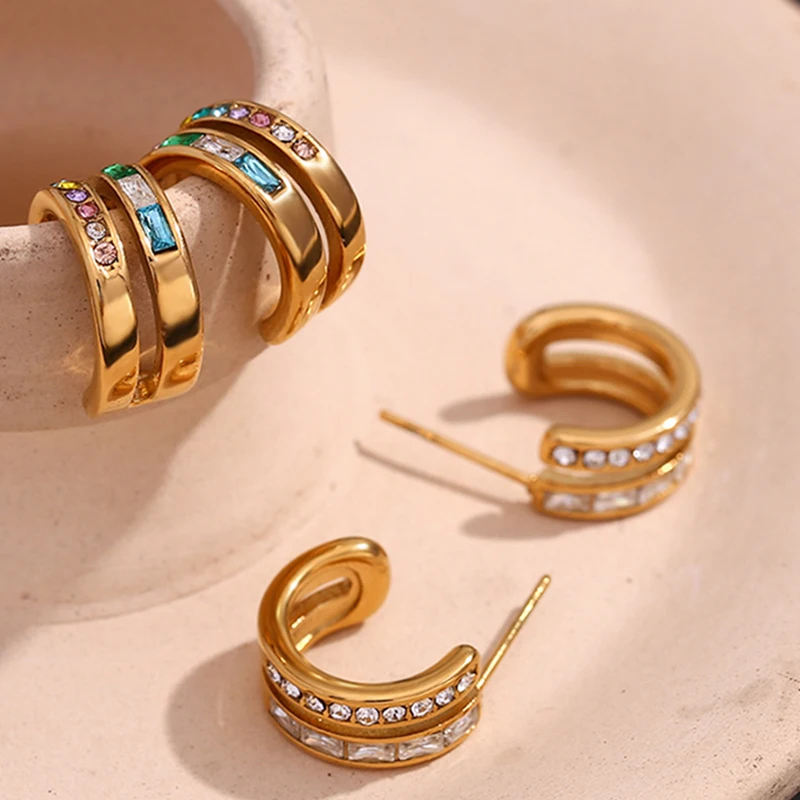 

PAPERPLUS | Stainless Steel C-Shaped Earrings for Women. Inlaid Zircon. Sparkly Huggie.Vintage