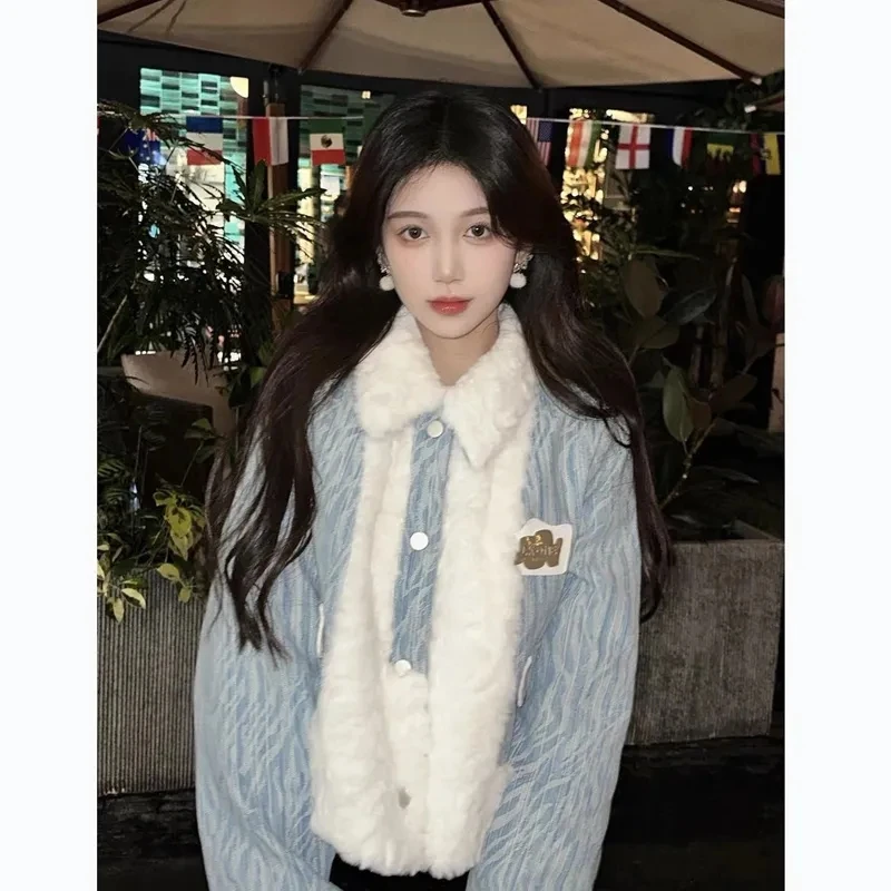 Vintage Casual Cropped Coat Women Fall Winter Lamb Wool Patchwork Long Sleeve Jacket Korean Loose Elegant Simple Button Outwear
